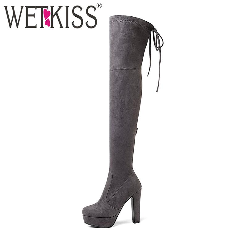 

WETKISS 2020 Latest Women Stretch Over Knee Boot Faux Suede Thick High Heels Platform Boot Zipper Lady Shoes Winter Big Size, Red