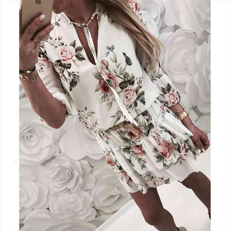 

Summer Fashion Women Flowers Mini Dress 3 4 Sleeve V-neck Cascading Ruffles Tutu Dress Sweet Ladies Party Floral Sundress, Black;gray