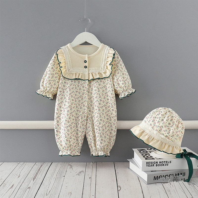 

2021 New Newborn Spring Clothes Flowers Print Boys Girls Jumpsuit with Hat Baby Romper Clothing for Kids 0- Vqri, Beige