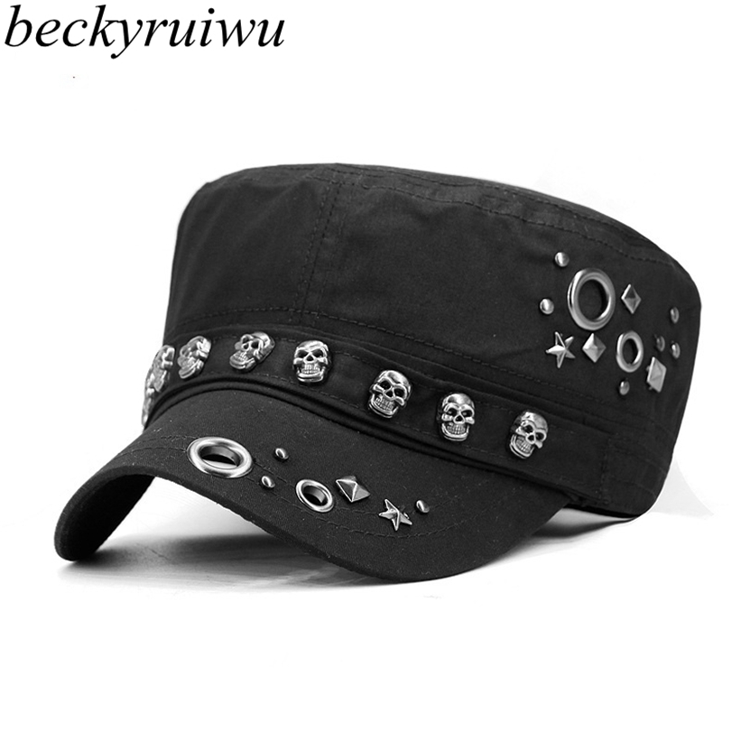 

Beckyruiwu Adult Hip hop Punk Rock Skull Rivet Flat Peaked Hats Men Spring and Autumn Fitted Baseball Caps 220113, A2