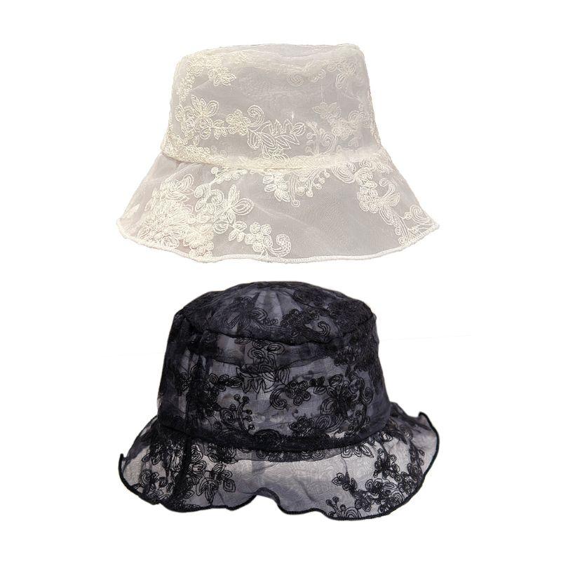 

Women Spring Summer Lace Gauze Bucket Hat Embroidery Floral Ruffles Short Brimmed Breathable Trendy Fisherman Sunscreen Cap, Black