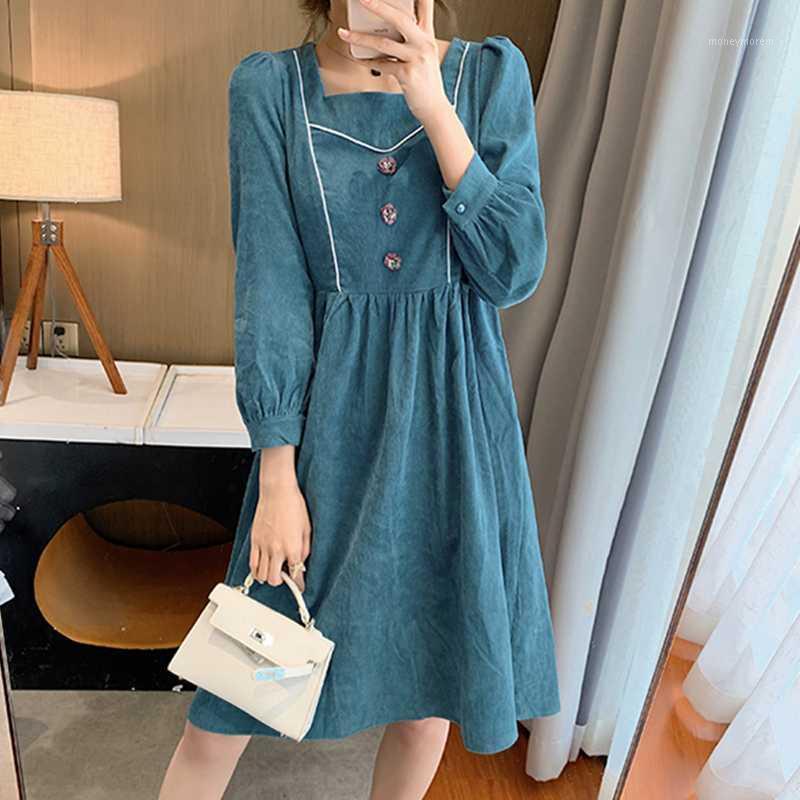 

Fashionable retro ladies warm dress women 2021 autumn and winter new design temperament high waist slim square collar dress1, Blue
