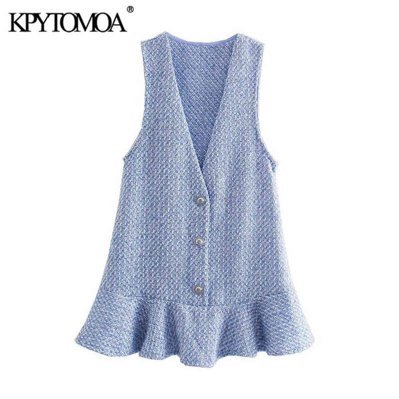 

KPYTOMOA Women 2021 Fashion Tweed Ruffled Pinafore Mini Dress Vintage V Neck Sleeveless Female Dresses Vestidos Mujer G1223, As picture