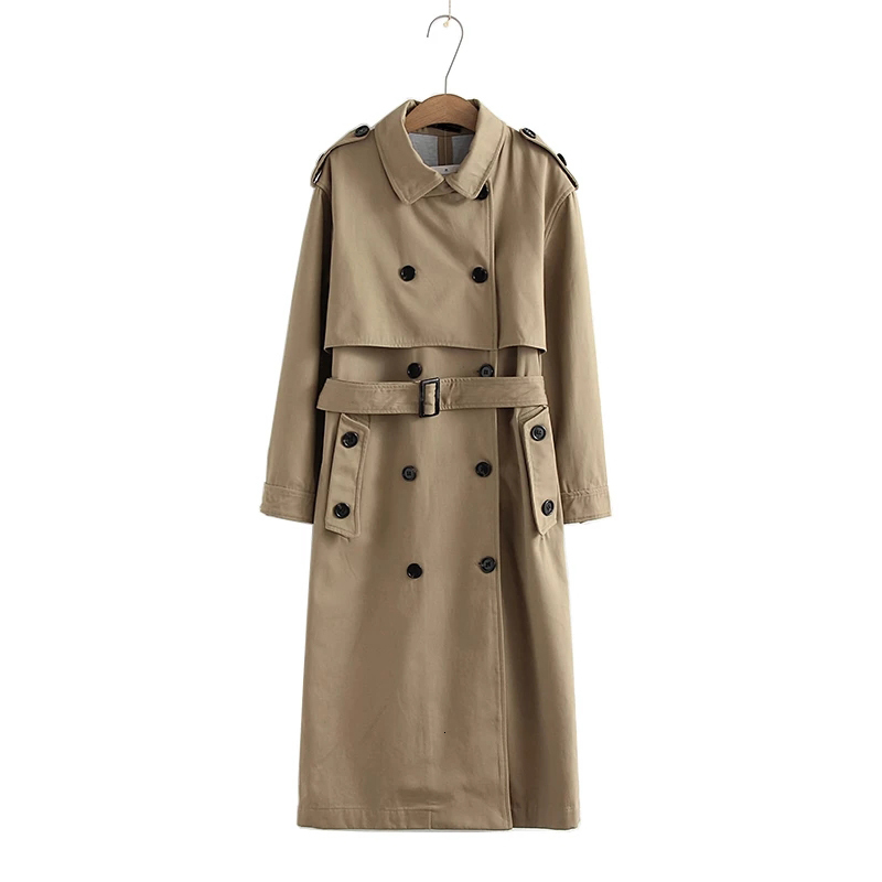 

New 2021 Female Long Trench Coat Solid Spring Double Breasted Turn Down Collar Casual Ladies Outerwear with Stripes Buttons 2qk9, Khaki.