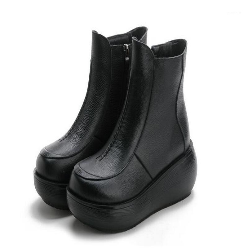 

Spring Fashion Vintage Genuine Leather Flat Platform Ankle Boots Women Winter Warm Plush Casual soft bottom Short Zip Boots1, Black cloth