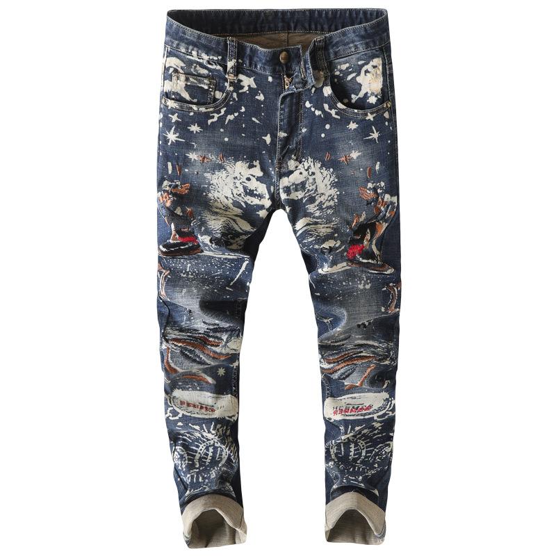 

Men's Embroidery Painted Jeans Fashion Stretch Denim Slim Pencil Pants Embroidered Trousers, Blue