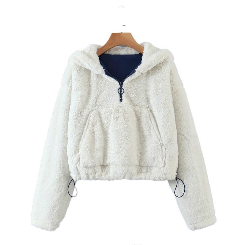 

Womens Solid Pullover Ladies Zipper Pockets Soft Fur Hooded Lace Up Street Style Overcoat Autumn Winter, White