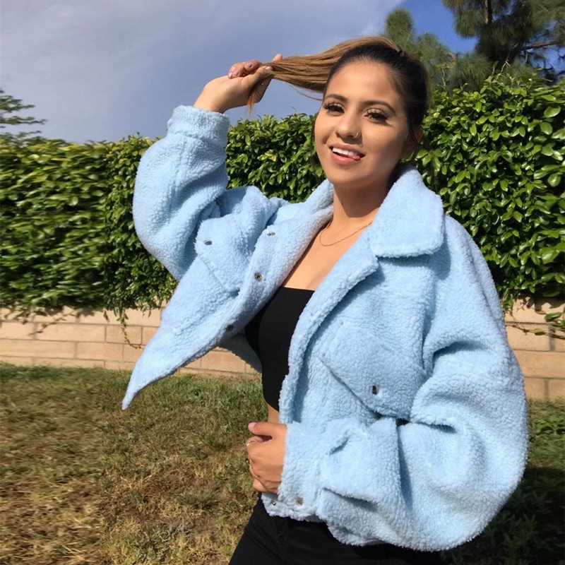 

New Fashion Casual Jackets Women's Design Multi-pocket Lambswool Short Coat European and American Style HH199 201109, White