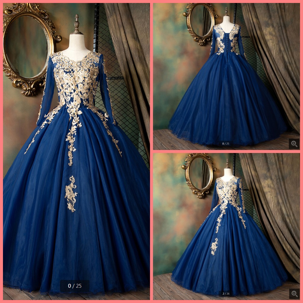 

2020 Real Picture blue long sleeve vintage ball gown prom dresses gold lace appliques beaded sequins princess puffy sweet 16 party dresses, Champagne