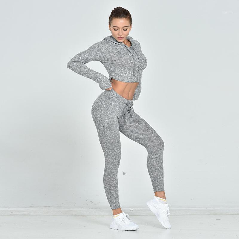

Women Two Piece Set Fitness Sports Hooded Suit Crop Top High Waist Hips Leggings Running Workout Clothes Yoga Wear Tracksuit New1, Gray