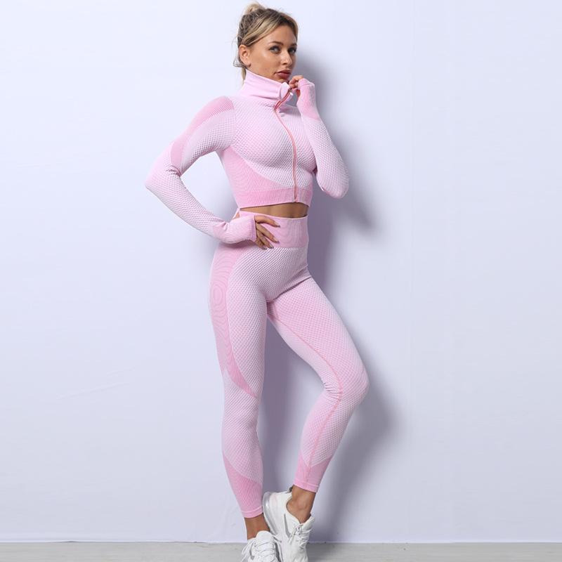 

Seamless Women Yoga Set Female Sport Gym Suits Wear Running Clothes Zipper Fitness Sport Gym Set Women Long Sleeve Yoga Clothing, Pink
