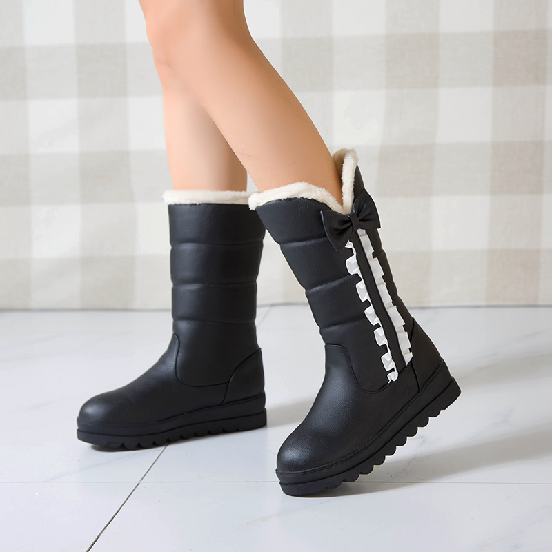 

2021 New Wedges Slip on Mid Calf Winter Warm Fur Butterfly-knot Women Shoes Round Toe Snow Boots Size 34-43 Slen, Red