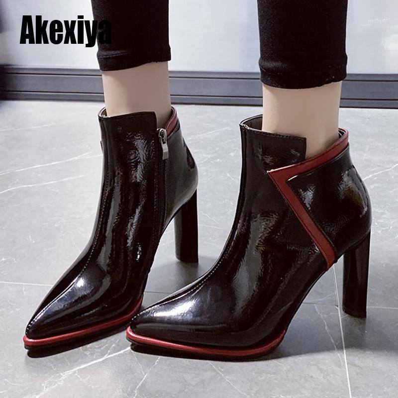 

2020 Europe and America Womne's High Heeled Ankle Boots Autumn Shoes Female Patent Leather Short Boot Black 40 u9151