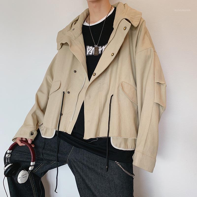 

2020 Spring And Autumn New Men's Hooded Loose Jacket Fashion Casual Drop Shoulder Sleeve Solid Top Khaki / Black -2XL1