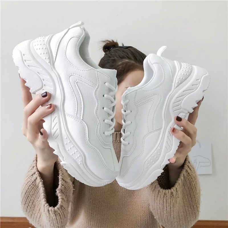 

White Women Shoes New Chunky Sneakers for Women Lace-Up White Vulcanize Shoes Casual Fashion Dad Platform Sneakers Basket #qv5Y