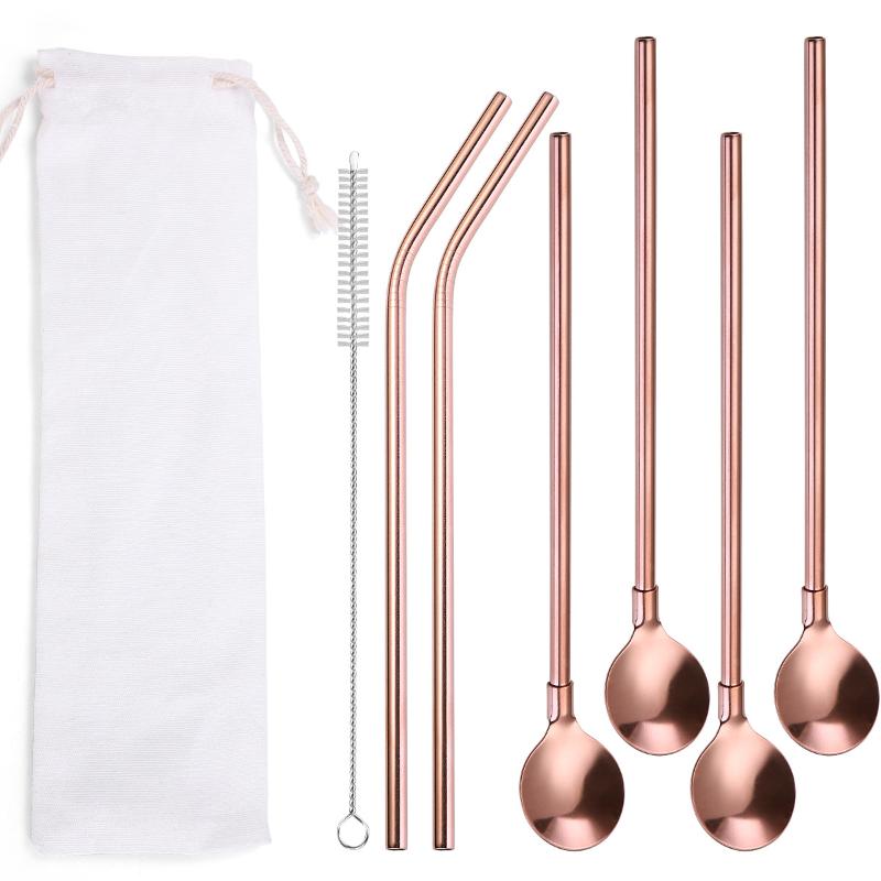 

6pcs Golden Lunch Cutry Set 304 Stainless Steel Tableware Set Portable Outdoor Travel Coffee Spoon Straw Dinnerware Dinner