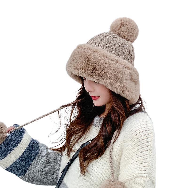 

Winter Hat for Women Big Hair Ball Plus Velvet Beanie Caps Outdoor Warm Knit Hats Solid Satin Bonnet Wholesale Drop Shipping, Beige