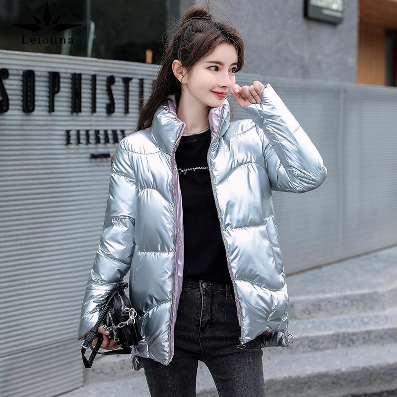 

Leiouna Solid Casual Zipper Office Lady 2020 Fashion New Glossy Parka Coat Winter Jacket Women Short Stand Collar Parka Female, Black