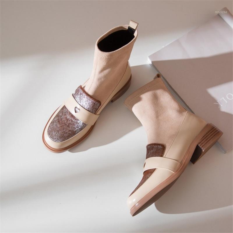 

Winter Boots Women 2021 Ankle Boots Round Head Color Matching Horse Hair Low Thick Heel Elastic Short Stretch1, Black