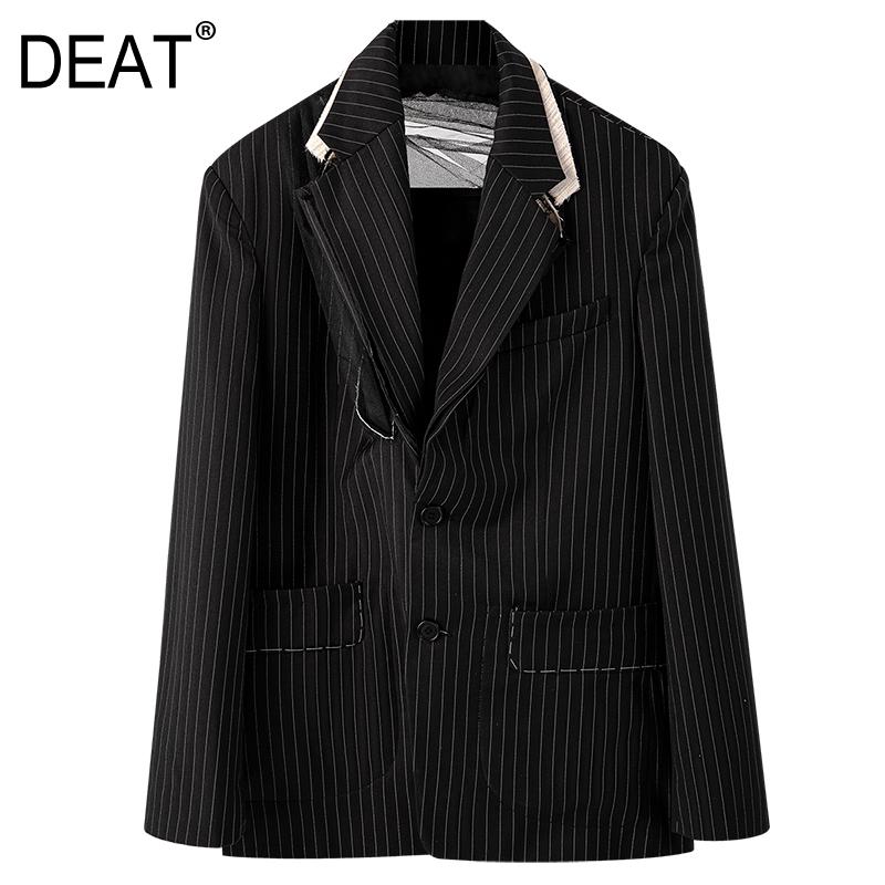 

DEAT] V-neck Collar Black Striped Coat For Women Long Sleeve Single Breasted Suit Casual New Fashion Tide 2021 Spring GX122