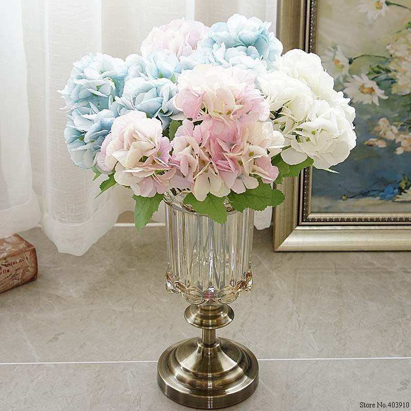 

5 Head Hydrangea Artificial Flowers Bouquet White Small Silk Fake Flowers Floral Faux Blue Wedding Home Party Decoration, Random color