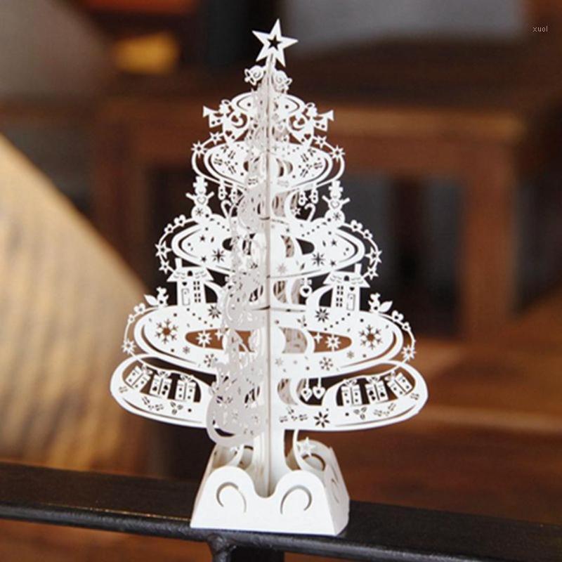 

Wholesale-10pcs Christmas Tree Gifts 3D Laser Cut Up Cards Decoration Greeting Card display Merry Christmas Party Supplies 50221