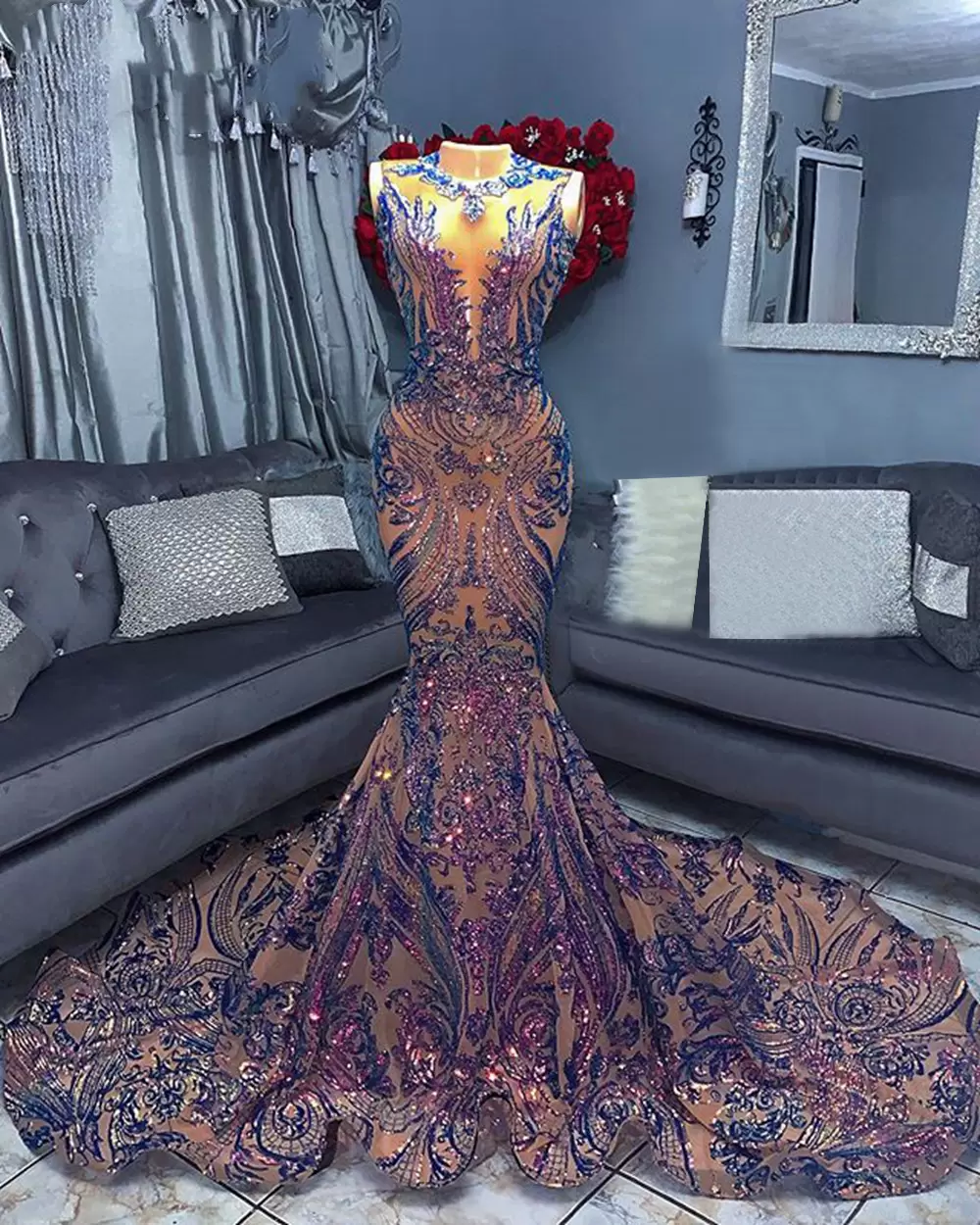 

Sparkly Long evening Dresses 2022 Sexy Mermaid Style Sequin African Women Black Girls Gala Celebrity Prom Party Night Gowns DWJ0308