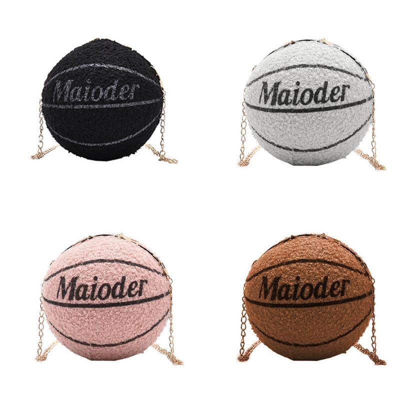 

Women PU Leather Basketball Shaped Shoulder Crossbody Bag Lady Plush Tote Satche H8WD, Black