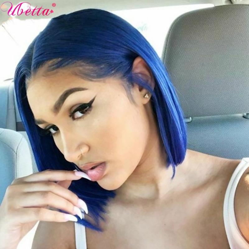 

UBETTA 100% Real Hair Dark Blue Human Hair 13x4 Lace Front Bob Wig Cospaly Straight Middle Part Lace Frontal Wigs Glueless Wome