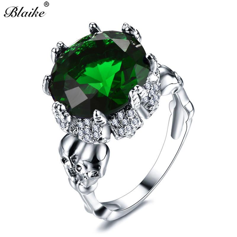 

Blaike Antique Double Skull Big Round Green Crystal Zircon Rings For Women Silver Color Birthstone Punk Jewelry