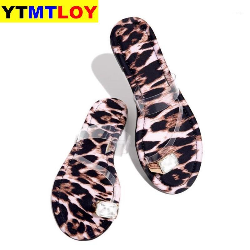 

Women 2020 New Summer Flat slippers Fashion wild sexy outdoor female European and American beach Plus Size Leopard Crystal1, Black