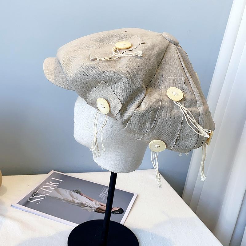 

202101-dupian-yunduo Japan designer style button Rag splicing linen newsboy cap leisure Octagonal hat men women visors cap, Black
