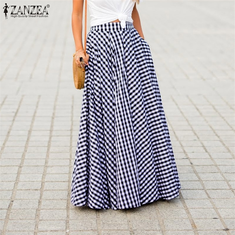 

Plus Size Summer Women Retro Plaid Check Long Skirts ZANZEA Casual Pockets Faldas Pleated Skirt Ladies Bohemian Jupe Femme Y200326, Black