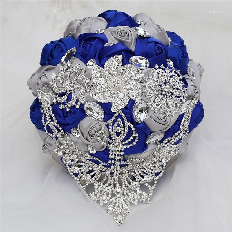 

21CM European Silk Bridal Bridesmaid Holding Flowers Tassel Diamond Wedding Bouquets Bling Diamond Bride 's Bouquet W2881, White