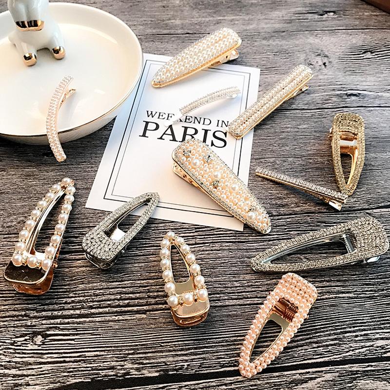 

BlingBling Metal Rhinestone Pearl Hairpins Duckbill Clip Hair Accessories for Women Geometric Hair Clips Barrettes Hairgrip