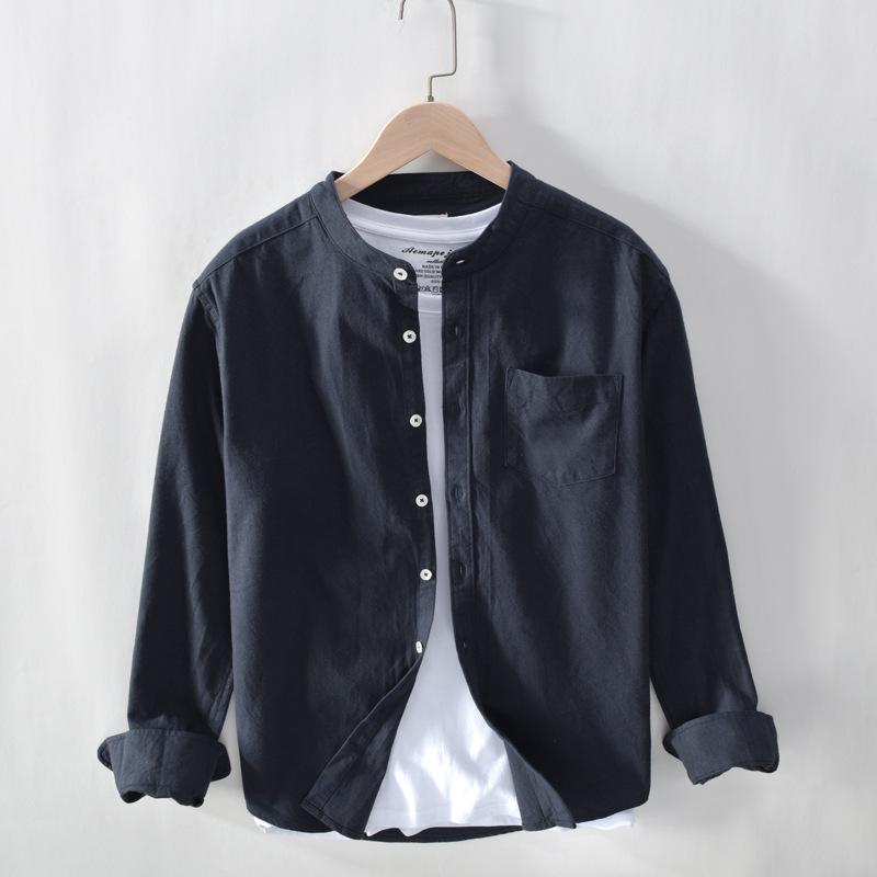 

Top Quality 100% Cotton Shirts Men Solid Long-sleeved Mandarin Collar Casual Shirt Mens Button Down Dress Shirts Male Top TS-575, Blue