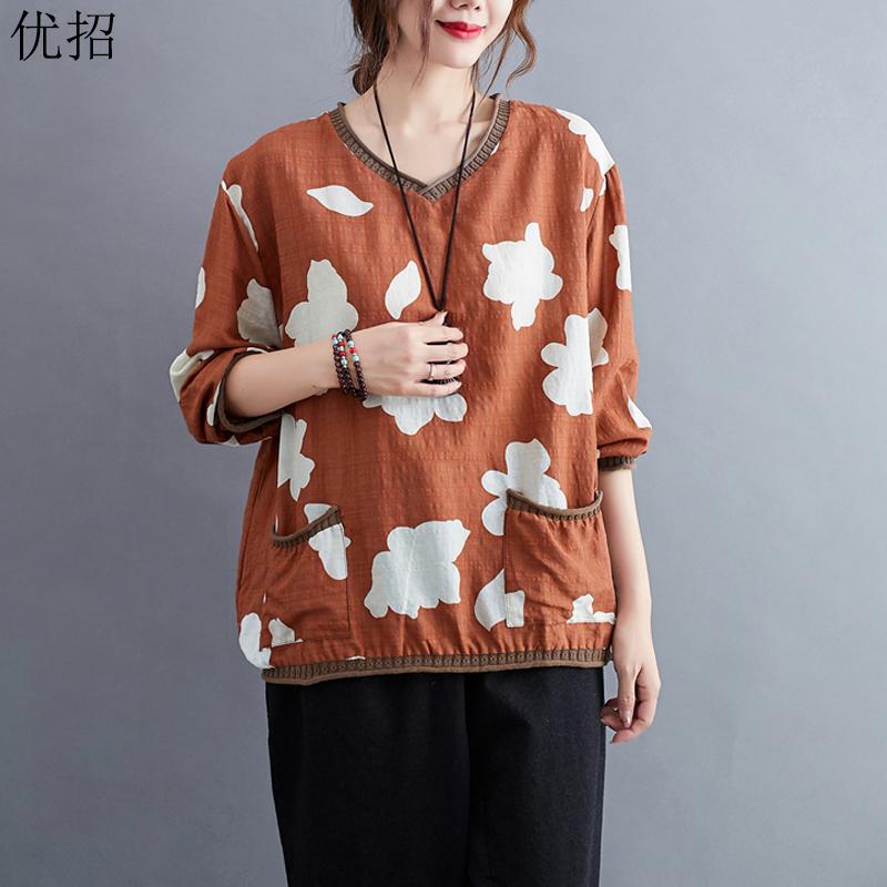 

Plus Size Women T-Shirt 2020 Autumn V Neck Long Sleeve Literary Vintage Printing Tee Shirt Female All-Match Casual Loose Tops, Photo color 1