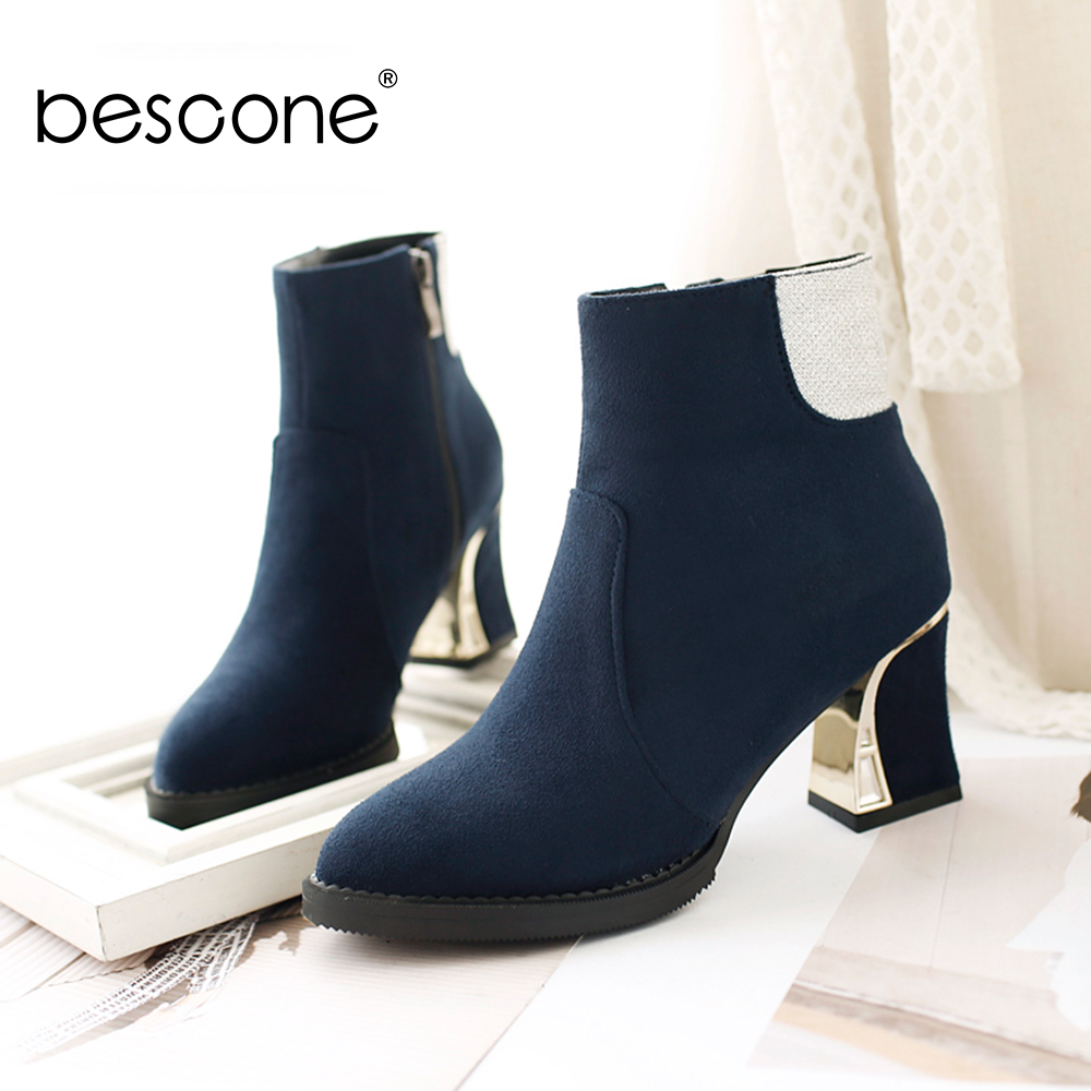 

BESCONE Suede Women Mid-Calf Boots Comfortable Round Toe Mixed Colors Square Heel Shoes Winter Handmade Warm Ladies Boots BM287, Black