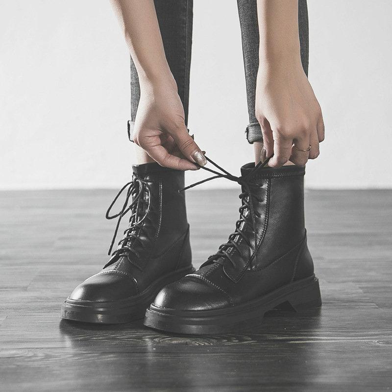 

2020 Leather Boots Female British Style Handsome Black British Lace-up Thick-soled Motorcycle Boots, Winter style
