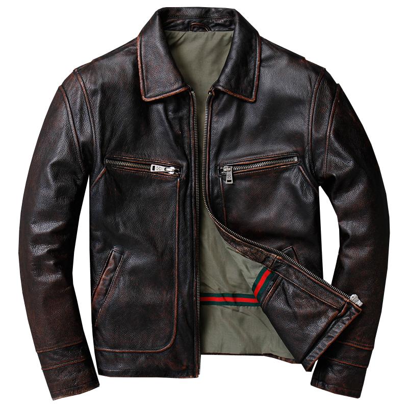 

2021 Men's Vintage Genuine Leather Jackets Brown Cowhide Jackets Business Slim fit Leather Coat for Male