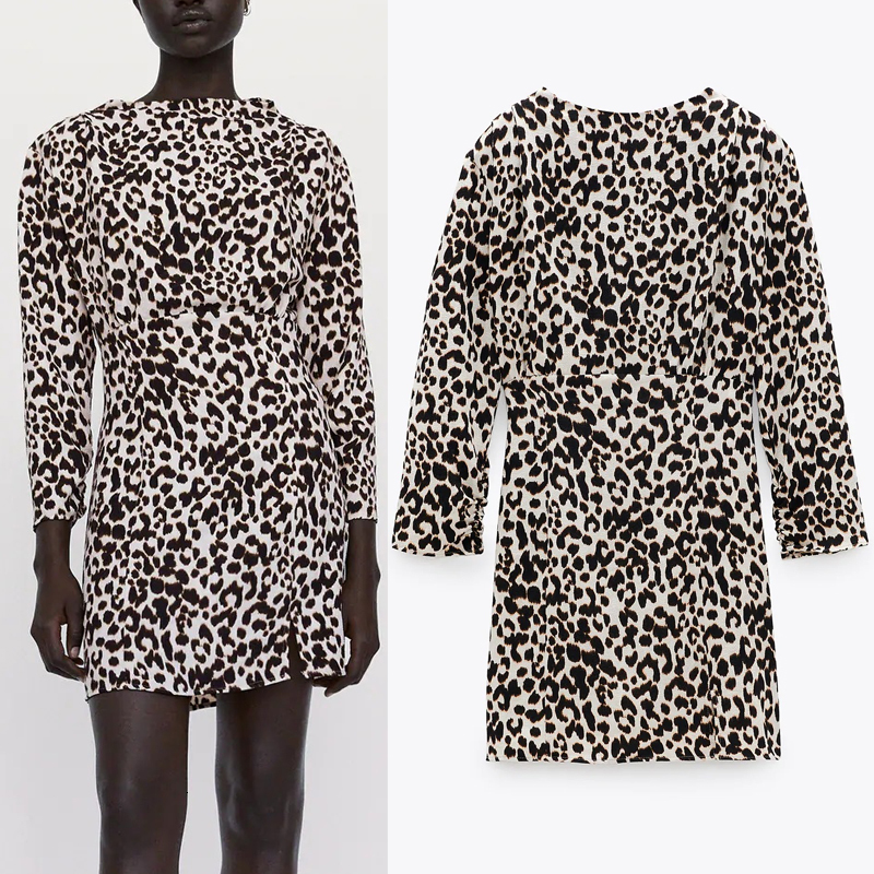 

2021 New Leopard Printed Mini Women Autumn Fashion with Shoulder Pads High Neck Long Sleeve Dresses Ladies Elegant Dress 9cou
