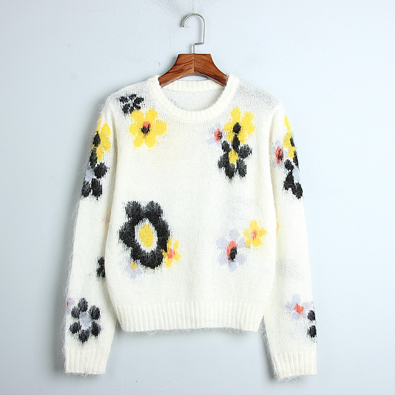

New Europeans Women Outfit Loose Bluffs Flowers Printed Neck Autumn Lady Street Wear Casual Tops Pullovers Candy Kaxu, Picture color
