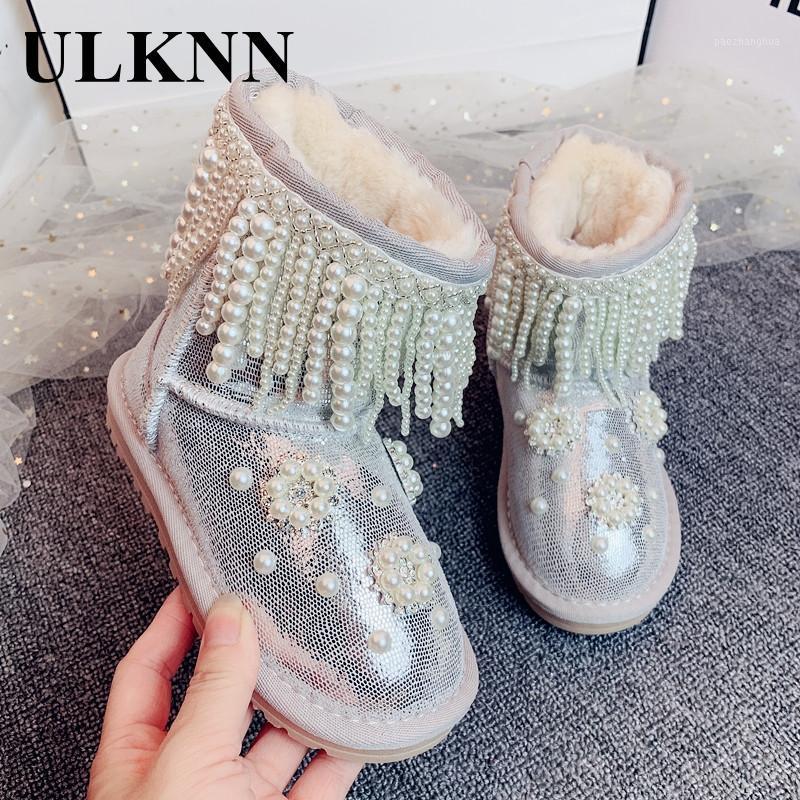 

ULKNN Children's Snow Boots Mid-calf Pearl Pendant Rhinestone New 2020 Winter Girls' Warm Big Kids' Plus Velvet Boys Shoes1, Silver