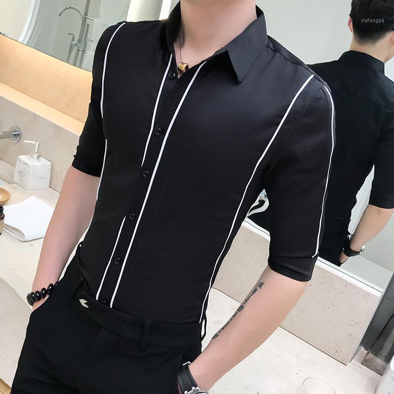 

Men's Casual Shirts Summer Men Shirt Brand Business Formal Wear All Match Half Sleeve Slim Fit Night Club Party Dress 3XL-M1, Black