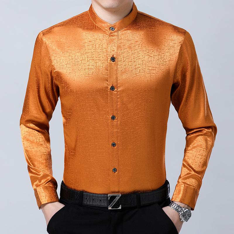 

Mens new arrival 2021 spring silk dress shirts male casual long sleeve solid color silk clothes mandarin collar soft shirts, Black