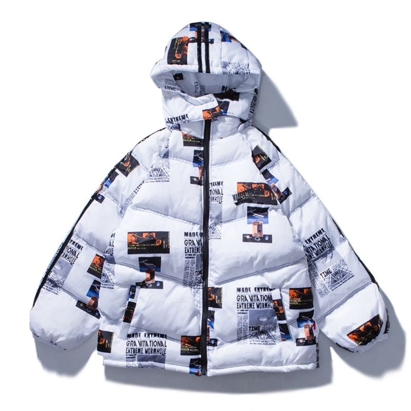 

April MOMO Men Letter Print Hooded Parkas Jackets Women Winter Warm Cotton Parka Hip Hop Jacket Coat Harajuku Streetwear 201116, Black
