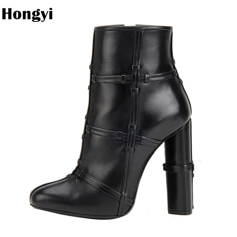 

Hongyi Designers 2020 New Spring Autumn Women Shoes Black High Heels Boots Lacing Pointed Toe Ankle Boots Chunky Size 35-42