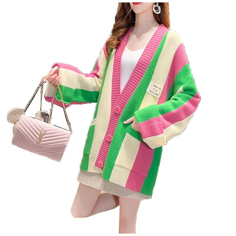 

Knitted Sweater 2021 New Women' Sweater Cardigan V-neck Long Sleeve Single-breasted Stripe Knitted Spring Autumn Coat Jacket, Pink