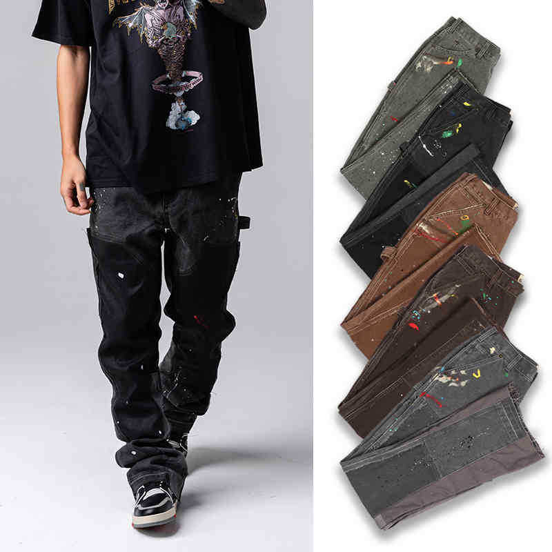 

Soeasy Galery dept Virgil ink splashing graffiti micro speaker deconstruction splicing tooling jeans, Brown