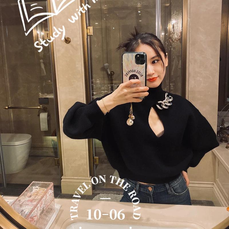 

Women' sweaters knitwear femme hiver 2021 y2k Korean style Tops zevity new year Loose Turtleneck Chain black sweater